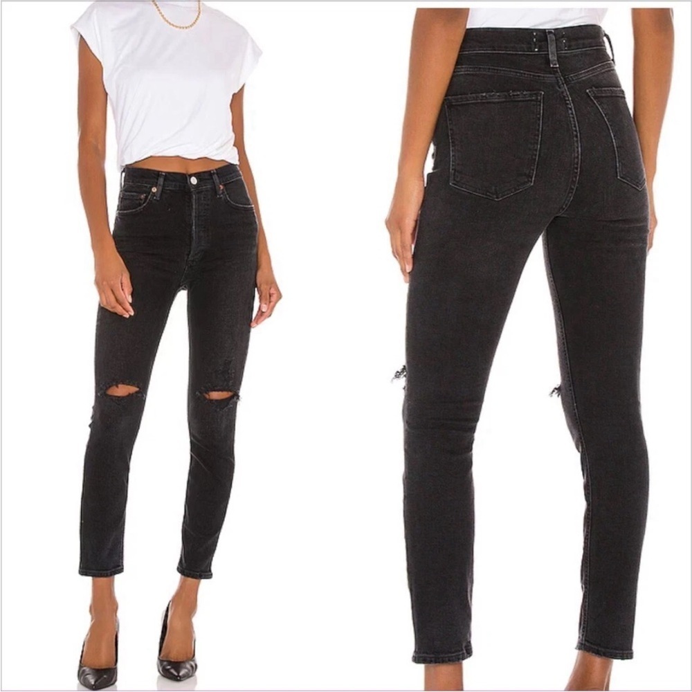 Agolde Distressed Knee Black Nico High Rise Slim Jeans in Cassette